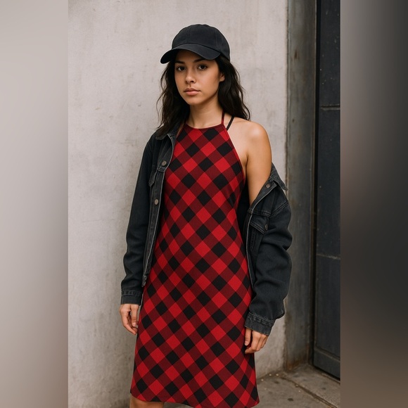 Ralph Lauren Vintage Halter Dress 90s Red Black Buffalo Plaid Check Wool 4 XS S - Picture 6 of 7